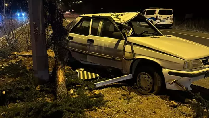 Ağaca ve Aydınlatma Direğine Çarpan Otomobilin Sürücüsü Yaralandı