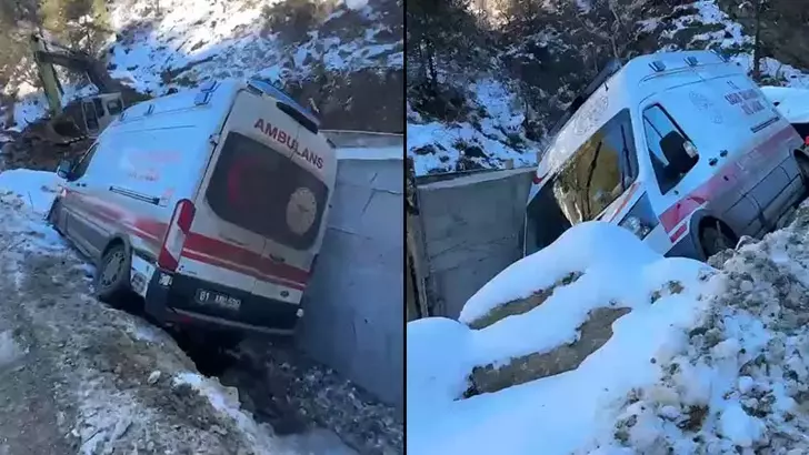 Adana’da Buzlanma Nedeniyle Kayan Ambulans Şarampole Düştü