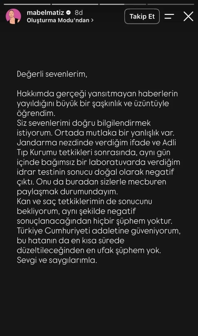 Uyuşturucu Testi Pozitif Çıkan Mabel Matiz'den Açıklama: "Ortada Mutlaka Bir Yanlışlık Var"